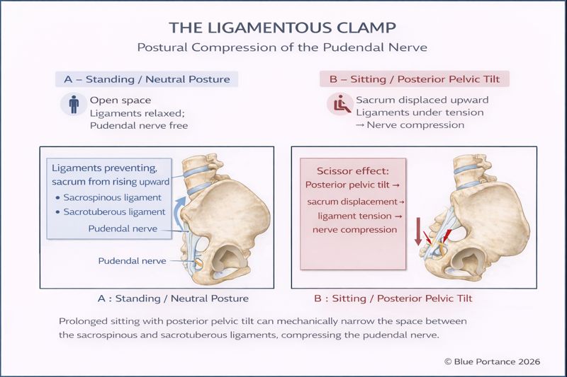 Pudendal nerve ligamentous clamp illustrating postural compression.