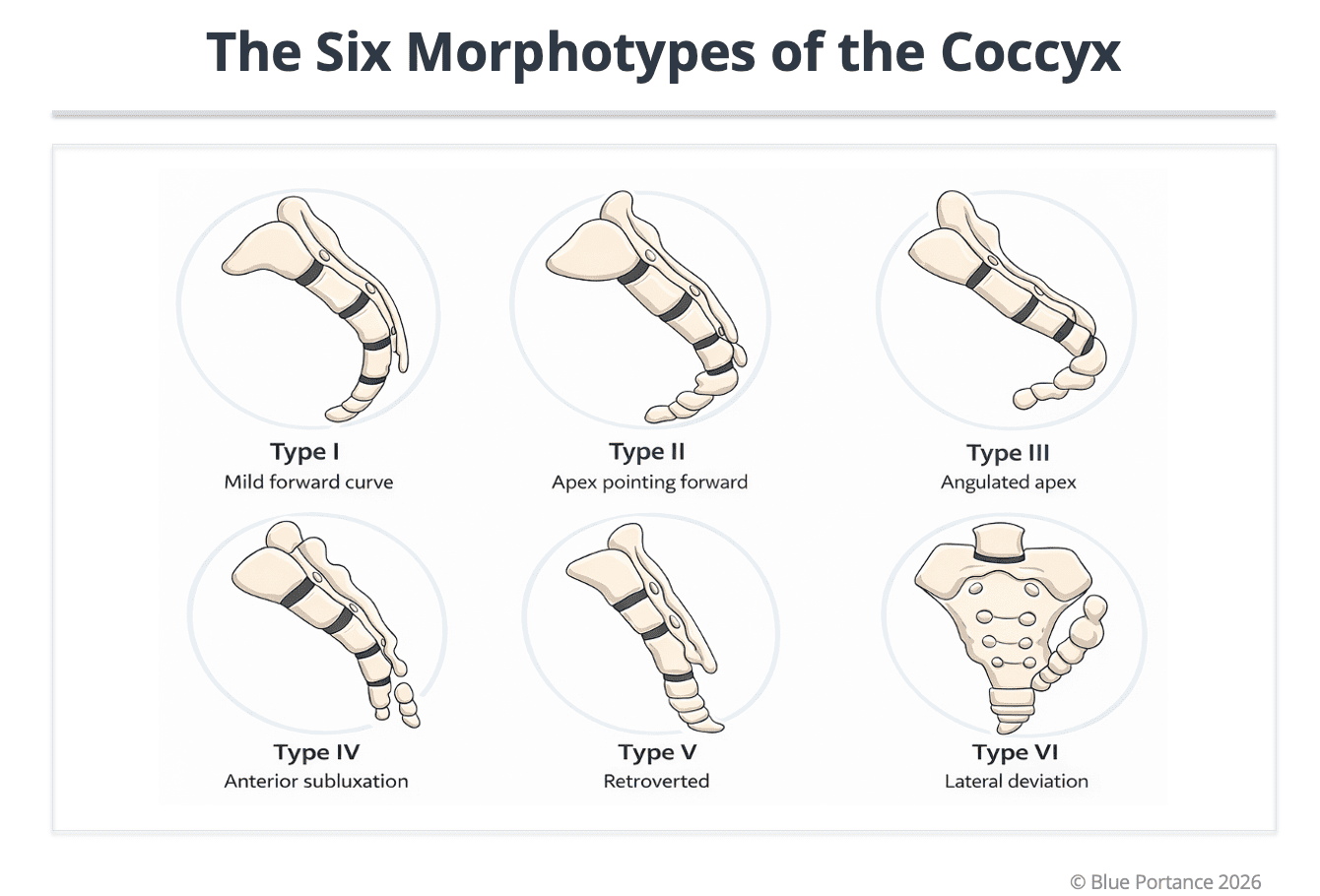 Diagram showing the six coccyx morphotypes (tailbone shapes), from normal curvature to angulated or unstable forms, illustrating how anatomical variation may influence tailbone pain